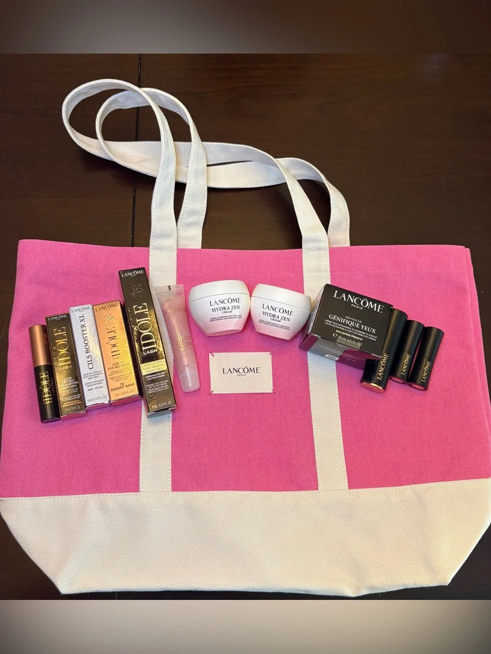 Lancome Mascara Lipstick & Skincare Tote Set - Pink & White